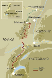 The gr5 trail vosges and jura location map