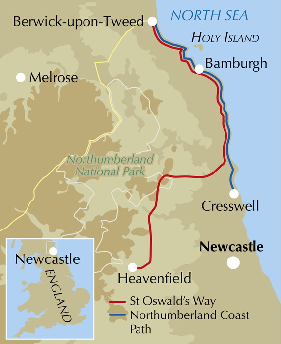 Walking St Oswald's Way and Northumberland Coast Path - Location Map
