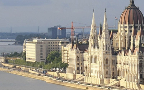 The Hungarian Parliament building stands beside the Danube in Budapest