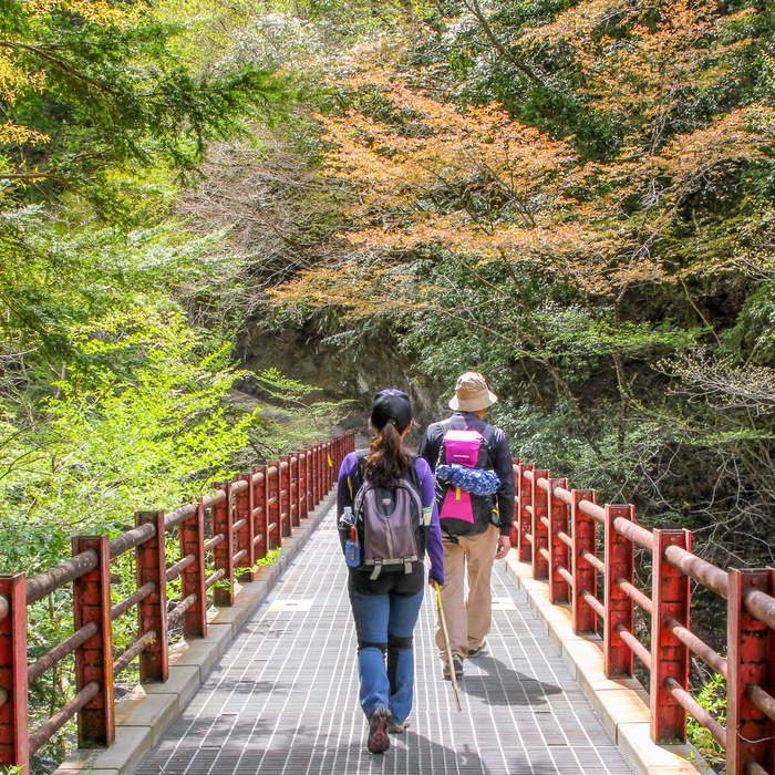 Hikers crossing the bridge over the Odo-gawa River (heading to Koyasan)