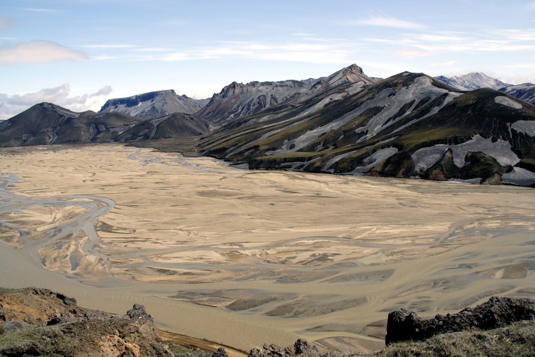 Looking down on the braided glacial river of Jökulsgilskvísl near Landmannalaugar