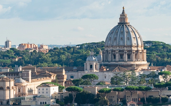 Pilgrims on the Via Francigena arrive at St Peter’s Basilica in Rome