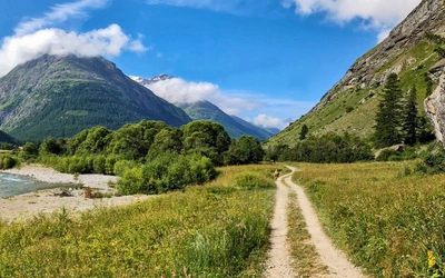 A clear track runs close to a river between Bonneval-sur-Arc and Le Villaron, GR5 - French Alps