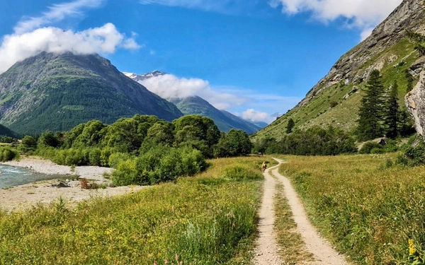 A clear track runs close to a river between Bonneval-sur-Arc and Le Villaron, GR5 - French Alps